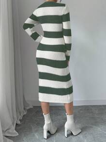SHEIN Unity Women Color Block Striped Button Front Knit Sweater Dress, Casual Everyday Wear, Autumn/Winter - Green - View 2