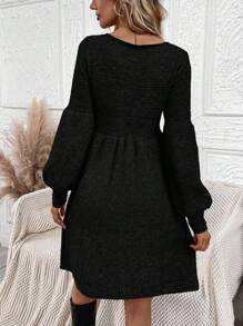 SHEIN LUNE 秋冬A字拼接腰部和袖口圆领时尚休闲针织女装 - 黑色 - 查看 2
