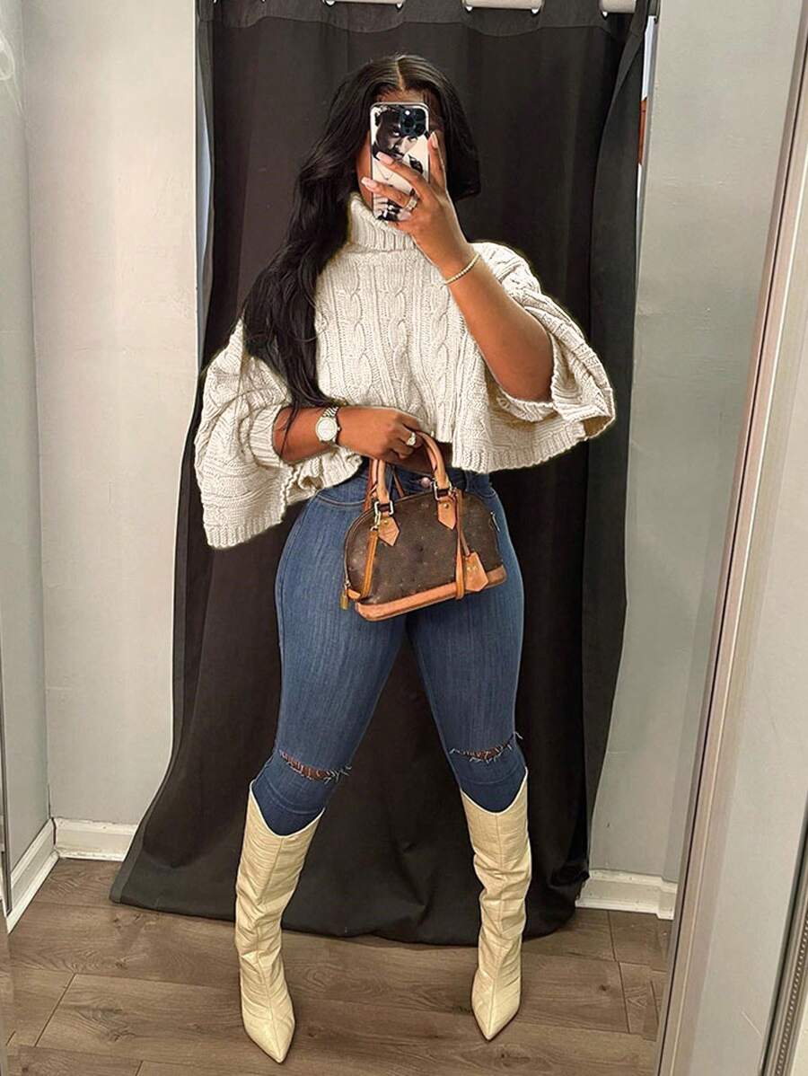 SHEIN Slayr 女士纯色高领休闲百搭长袖毛衣、七分袖上衣