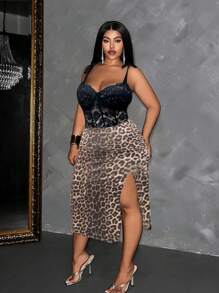Maweii Plus Size Summer Sexy Lace Panel Leopard Print Split Slip Dress
