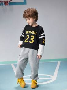 SHEIN Young Boys' Basketball Sports Style Football Graphic Round Neck Long Sleeve Sweatshirt, Street Fashion Athletic - Black - View 5