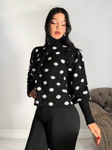 Zolique Women Polka Dot Button Turtleneck Long Sleeve Knit Sweater Top, Fitted Design For Elegant Gatherings, Suitable For Autumn/Winter Knit Pullover Fall - Black and White - View 5