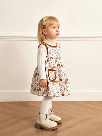 SHEIN 2pcs Toddler Girls Autumn/Winter White Fuzzy Ribbed Lining T-Shirt With Ditsy Floral And Ruffle Hem Dress, Warm Elegant Vintage Style Outfits