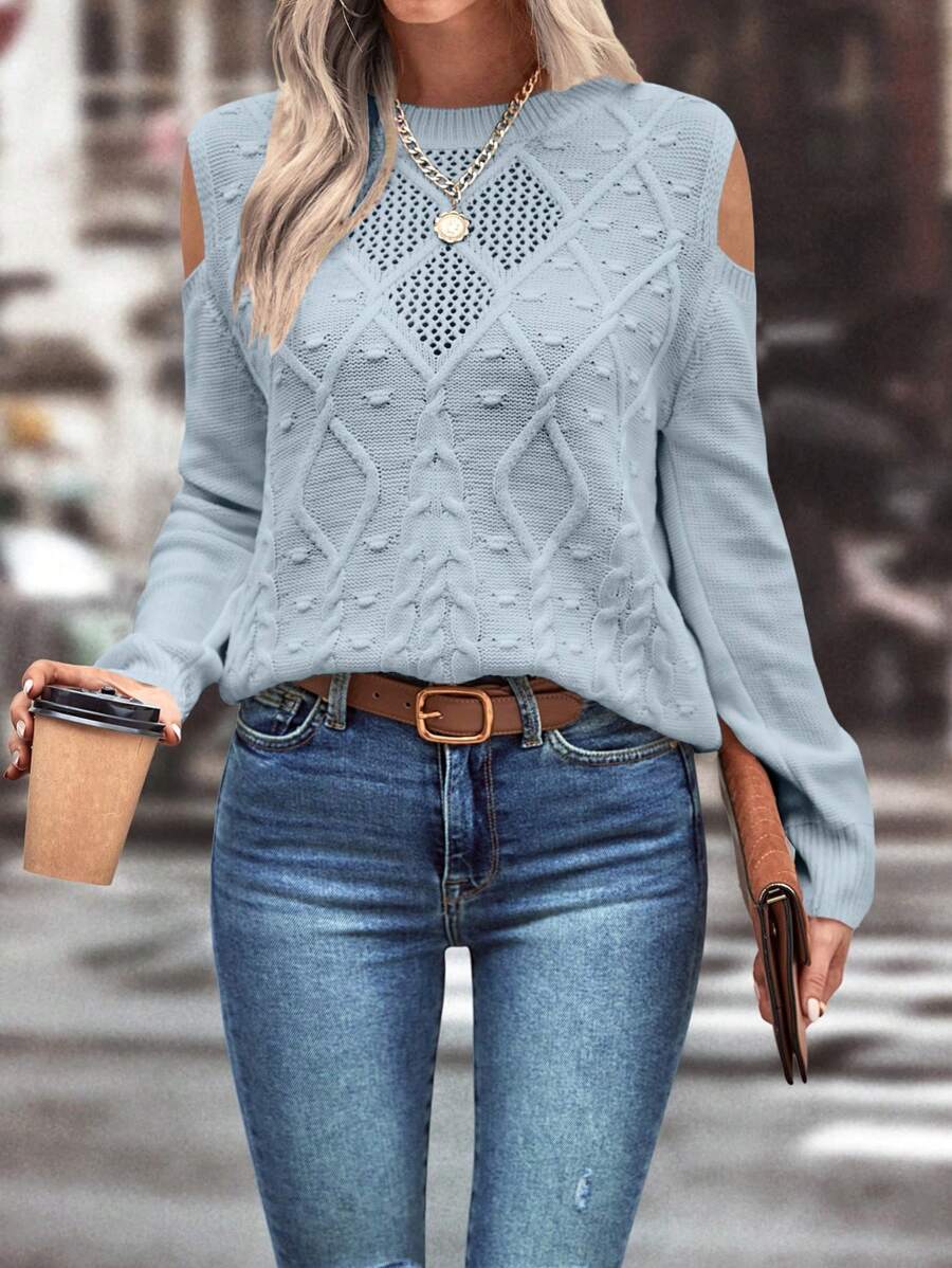 SHEIN LUNE 女士圆领长袖露肩简约套头毛衣，休闲日常针织套头衫，秋冬款 - 淺藍色 - 查看 1