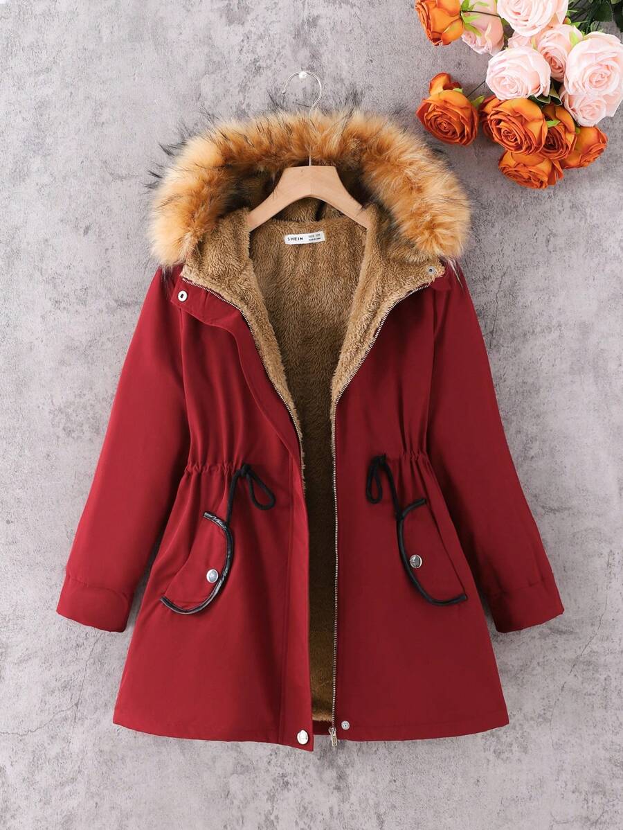 SHEIN Leap Crew Veste de plein air amples pour filles pré-adolescentes, à capuche, doublée de thermique épaissie, manches longues avec taille resserrée, pour l'automne/l'hiver