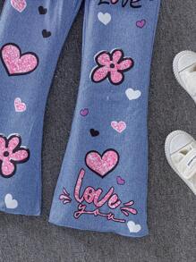 Sparklyn 2pcs/Set Tween Girl Cat Print Long Sleeve T-Shirt & Blue Flared Pants, Cute Look - Multicolor - View 6