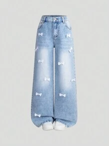 SHEIN Explorewe Tween 女童新款时尚休闲浅色洗水牛仔裤，带蝴蝶结装饰，直筒阔腿设计 - 中等水洗藍 - 查看 1