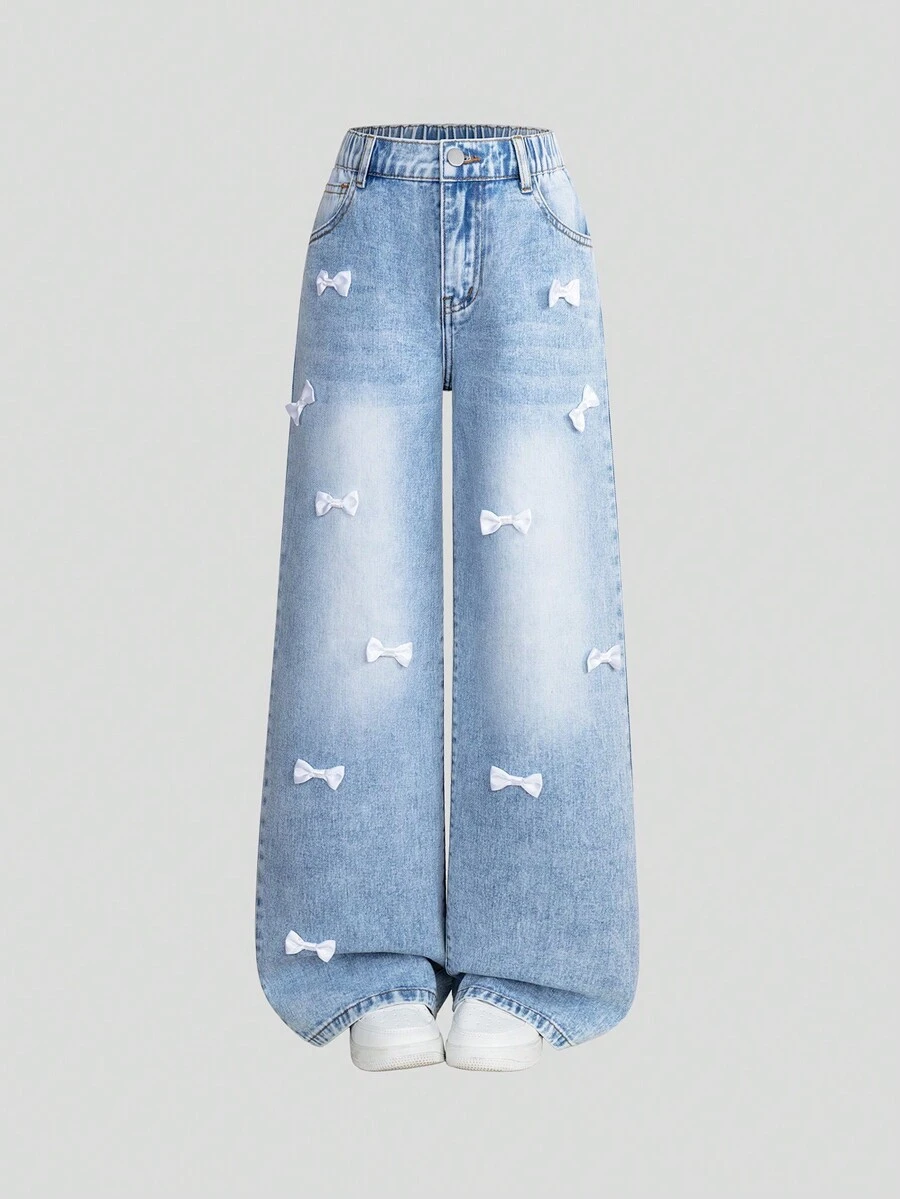 SHEIN Explorewe Tween 女童新款时尚休闲浅色洗水牛仔裤,带蝴蝶结装饰,直筒阔腿设计 - 中等水洗藍 - 查看 1
