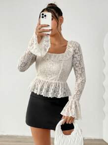 Chiquease 女式秋季方领喇叭袖口优雅蕾丝荷叶边饰边上衣荷叶边上衣