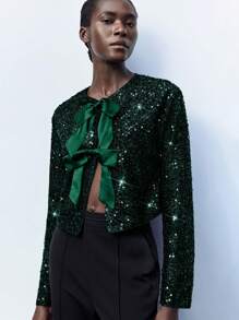 Maija Women's Elegant Long Sleeve Jacket With Glitter And Bow Decoration, Suitable For Early Spring Business Casual Women's Wear, Office Wear, Low-Key Old Money Style, Effortless Temperament, High-End Urban Commuting, The Same Style As The Editor-In-Chief Of The Magazine, Urban Social Vacation Party Wear, Charming, Low-Key And Durable Basic Style, Versatile And Not Picky Clothing, Street Fashion Wear, Clothing, Coffee Shop, Relaxed Wear