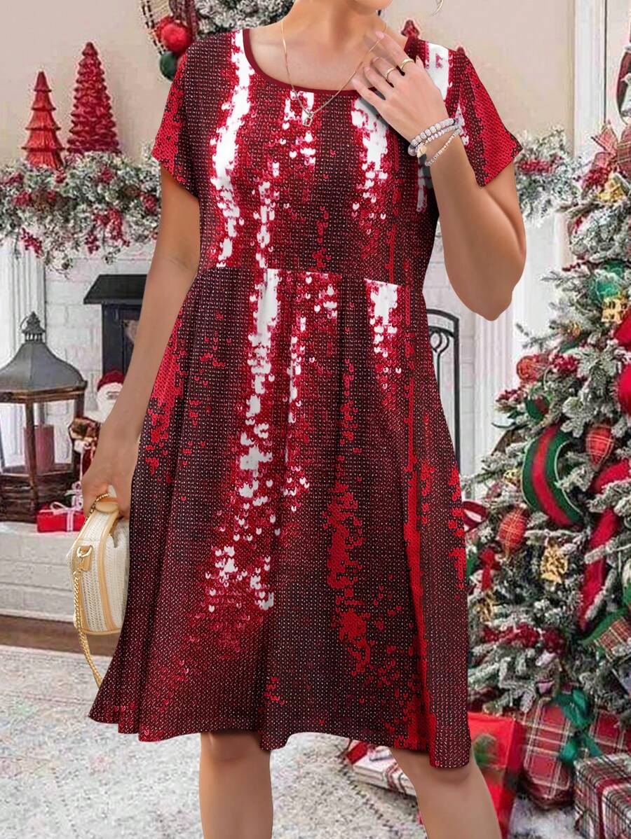 SHEIN LUNE Đầm chắp vá cổ tròn họa tiết sequin đỏ lấp lánh cỡ lớn cho nữ - Nhiều màu - Xem 1