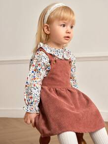 Souflis Souflis 2pcs/Set Baby Girl Vintage Ditsy Floral Frill Collar Long Sleeve Shirt And Corduroy Sleeveless Dress Suit, Retro & Sweet Style, Autumn/Winter