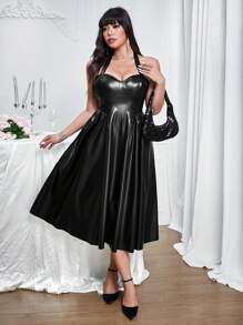 Allurite Plus Size Solid Color Tie-Side Ruched Flare Hem Sleeveless PU Midi Dress, For Winter