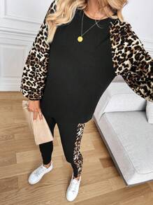Easowa 2 件套女士冬季新款街头豹纹拼布圆领长袖运动衫和紧身裤休闲套装 - 黑色 - 查看 4