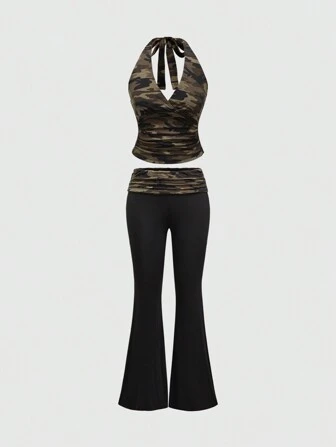 Grunge Punk Conjunto de 2 piezas para mujer con top corto con cuello de halter drapeado en la cintura y estampado de leopardo, y pantalones de campana de tiro súper bajo con estampado de leopardo, en estilo Y2K