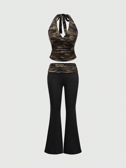 Grunge Punk Ensemble 2 pièces pour femmes comprenant un top court col montant drapé avec imprimé léopard et un pantalon évasé taille très basse avec imprimé léopard, style Y2K