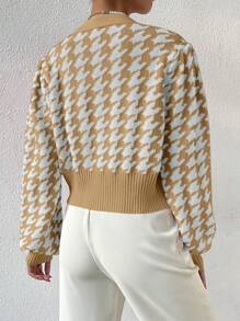 Chiquease 女士休闲千鸟格图案灯笼袖宽下摆纽扣开衫 - 駝色 - 查看 2