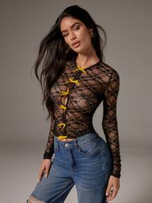 SHEIN Unity Women's Sexy Sheer Lace Bow Decor Blouse