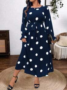 SHEIN Clasi Vestido elegante de manga campana de cuello redondo con estampado de lunares para mujer de talla grande, atuendo de mujer para otoño/invierno de largo maxi