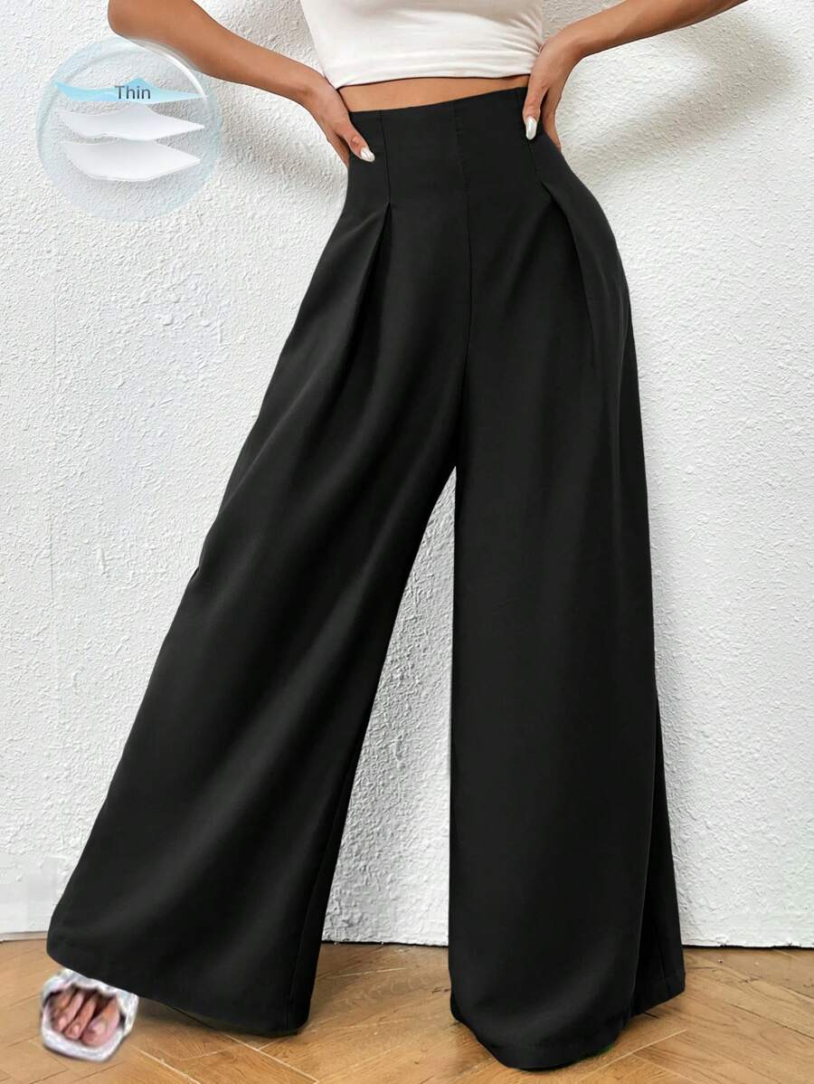 SHEIN LUNE High Waist Plicated Detail Wide Leg Pants Fall Cloth For Women - Black - View 1
