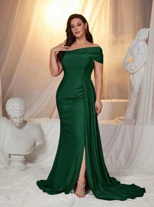 Glamrae 加大码不对称蝴蝶结露肩高开衩超长弹力面料万圣节活动优雅舞会礼服、婚礼宾客礼服、派对礼服、晚礼服、长袍