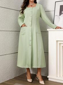 Flirla Robe longue pour femmes grandes tailles élégante, avec col carré, patchwork de couleurs, poches et boutons devant. Convient pour le printemps/l'automne - Vert - Voir 5