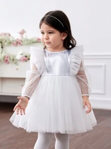 SHEIN Adorable y elegante vestido formal sin mangas con volantes y encaje para niña - Blanco - Ver 4