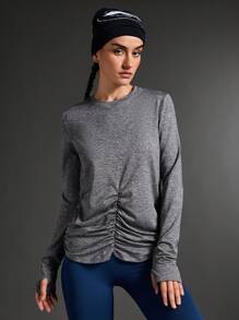 SHEIN Sports Damska sportowa koszulka z okrągłym dekoltem i plisami, swobodna, jesień