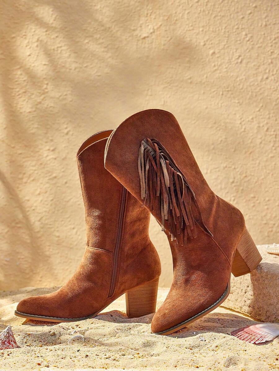 Styleloop Ladies' Fashion Western-Style Desert Night Square Heel Knee-High Boots - Coffee Brown - View 1