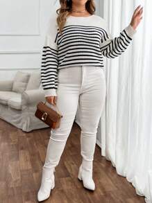 SHEIN Clasi Women Fashion Casual Striped Back Ribbon Detail Pullover Sweater