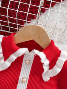 SHEIN Robe-pull bébé fille mignonne avec col claudine à manches longues, style blocs de couleurs rouge et blanc. Convient pour les fêtes de Noël en extérieur, et élégante - Rouge - Voir 5