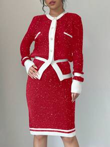 Elenzga 2pcs Women Set: Contrast Piping Cardigan And Pencil Knit Skirt, Elegant And Stylish - Red and White - View 3