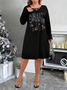 SHEIN LUNE Plus Size Women Christmas Rhinestone Decor V-Neck Long Sleeve Knee-Length Fitted A-Line Dress - Black - View 4