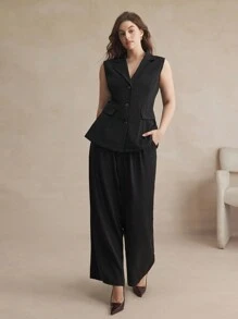 BizChic Damen Große Größen 2 Stücke Set einfarbig, mit Stehkragen, Knopfleiste, Weste und Hose, eleganter Büroanzug