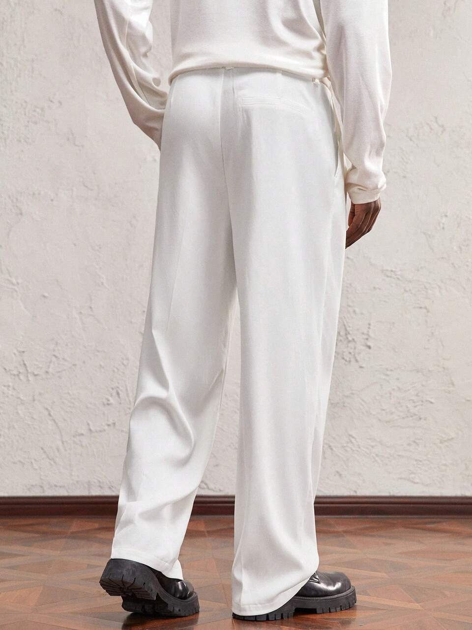 Men Loose Weave Mid-Waist Straight Leg Casual Pants,All White,Autumn,Elegant,Work Dress Pants With Metal Button & Elastic Waist,Baggy White Pants