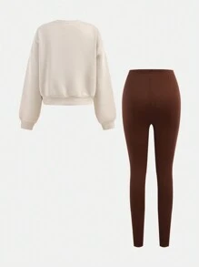 SHEIN Leap Crew 青少年女孩 2 件/套装 杏色棕色，休闲运动/百搭/外出/针织英文口号印花宽松运动衫和紧身裤套装/运动服