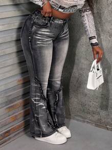 SHEIN SXY Plus Size Black Elastic Denim Flared Flare Jeans,