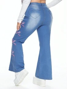 ROMWE Kawaii 大码可爱蝴蝶结刺绣修身喇叭牛仔裤