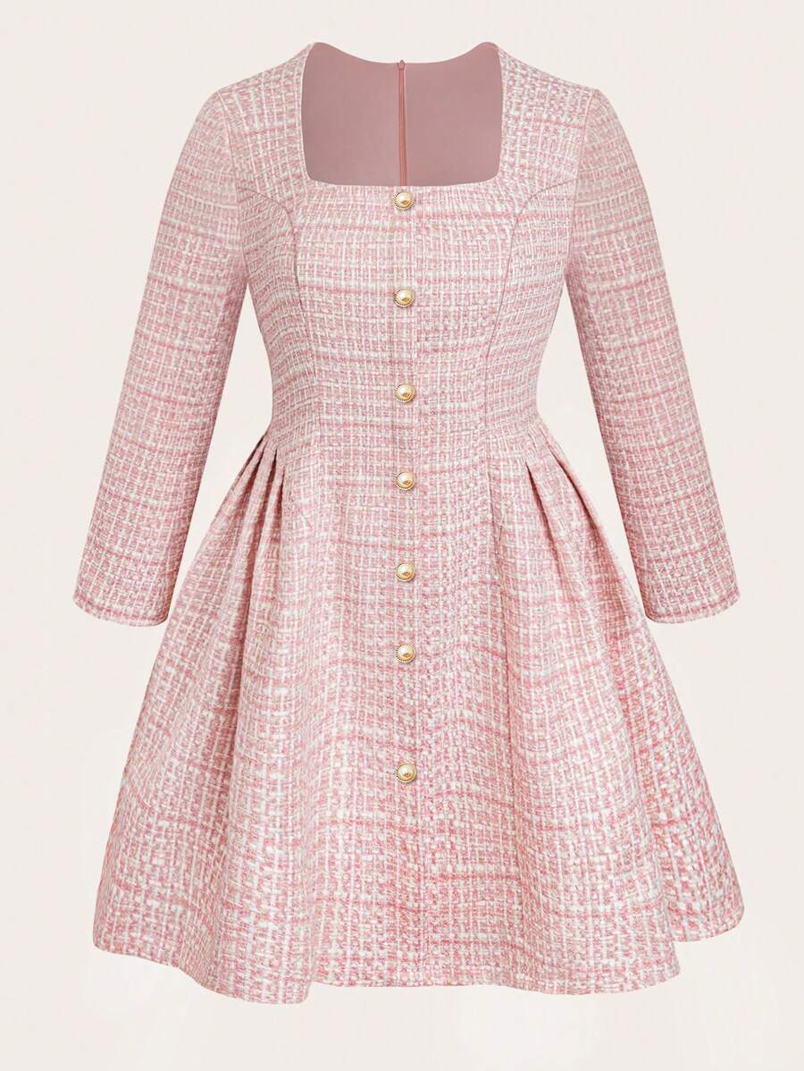 Flirla Váy dài tay thanh lịch cổ tròn chữ A vải tuýt cỡ lớn cho nữ, thích hợp cho ngày lễ tình nhân, mùa xuân/thu, mùa đông - Hồng - Xem 1