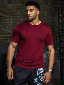 男友风纯色圆领短袖休闲健身运动 T 恤 - 紅色 - 查看 3