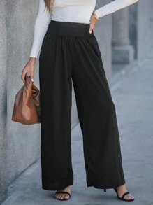 SHEIN LUNE Women's Casual Versatile Black Wide Leg Pants For Spring - Black - View 4