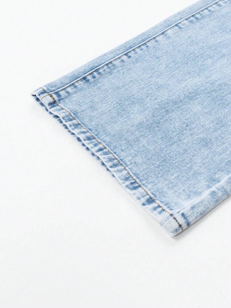 SHEIN Explorewe Tween Girls New Fashion Casual Light Wash Jeans With Bow Decor, Straight Wide Leg Design - Medium Wash - View 3