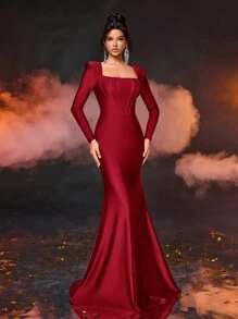 Glamrae Váy dạ hội cổ vuông tối giản thanh lịch, vai đệm dài tay, eo bó, viền đuôi cá, váy dự tiệc cưới, váy dự tiệc, váy trang trọng - Đỏ - Xem 5