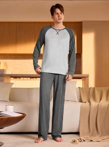 Manfinity Underwear&Sleepwear Basics Conjunto de pijama de manga larga con bloque de color en contraste y pantalones para hombre