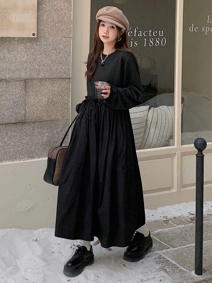 DAZY Women Solid Color Crew Neck Drawstring Long Sleeve Hoodie Midi Dress, Autumn & Winter,Fall Women Clothes - Black - View 1
