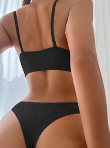 Set de lencería liso de canalé - Negro - Ver 2