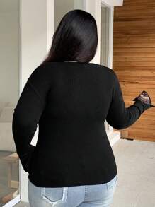 Dazy Plus Áo len tay dài phối ren tương phản cỡ lớn, xẻ tà ôm vừa vặn, dành cho mùa đông, mùa thu dành cho nữ - màu đen - Xem 2