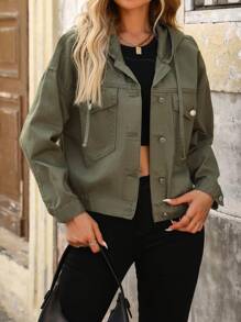 SHEIN Tall Women's Casual Front Button Hooded Washed Denim Jacket, Suitable For Autumn - Army Green - View 4