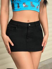 SHEIN EZwear Women Casual Solid Color Fitted Denim Mini Skirt - Black - View 1