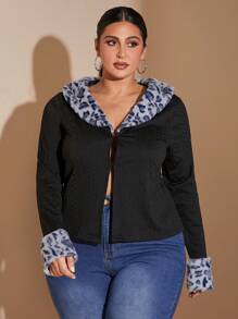 SHEIN BAE Plus Size Fall Sexy Sweet Hottie Black Knitted Texture Stitching Leopard Fur Long-Sleeved Cardigan Jacket, Suitable For Halloween Date And Daily Commuting
